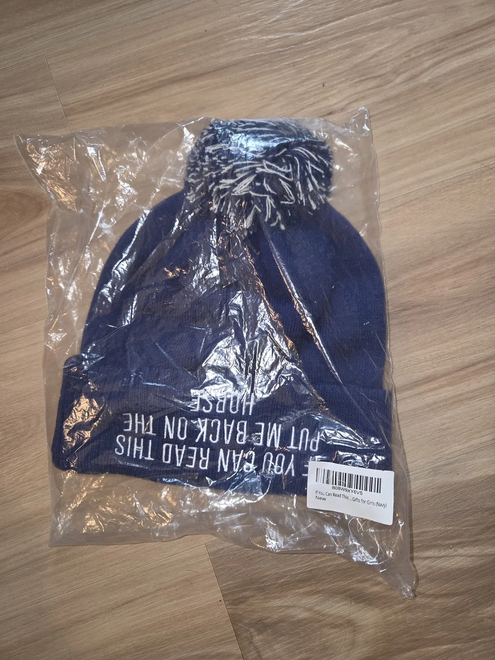 NEW-Navy Pom Pom Beanie Hat - Text Graphic-Gift, Funny, Horses, Riding, OS